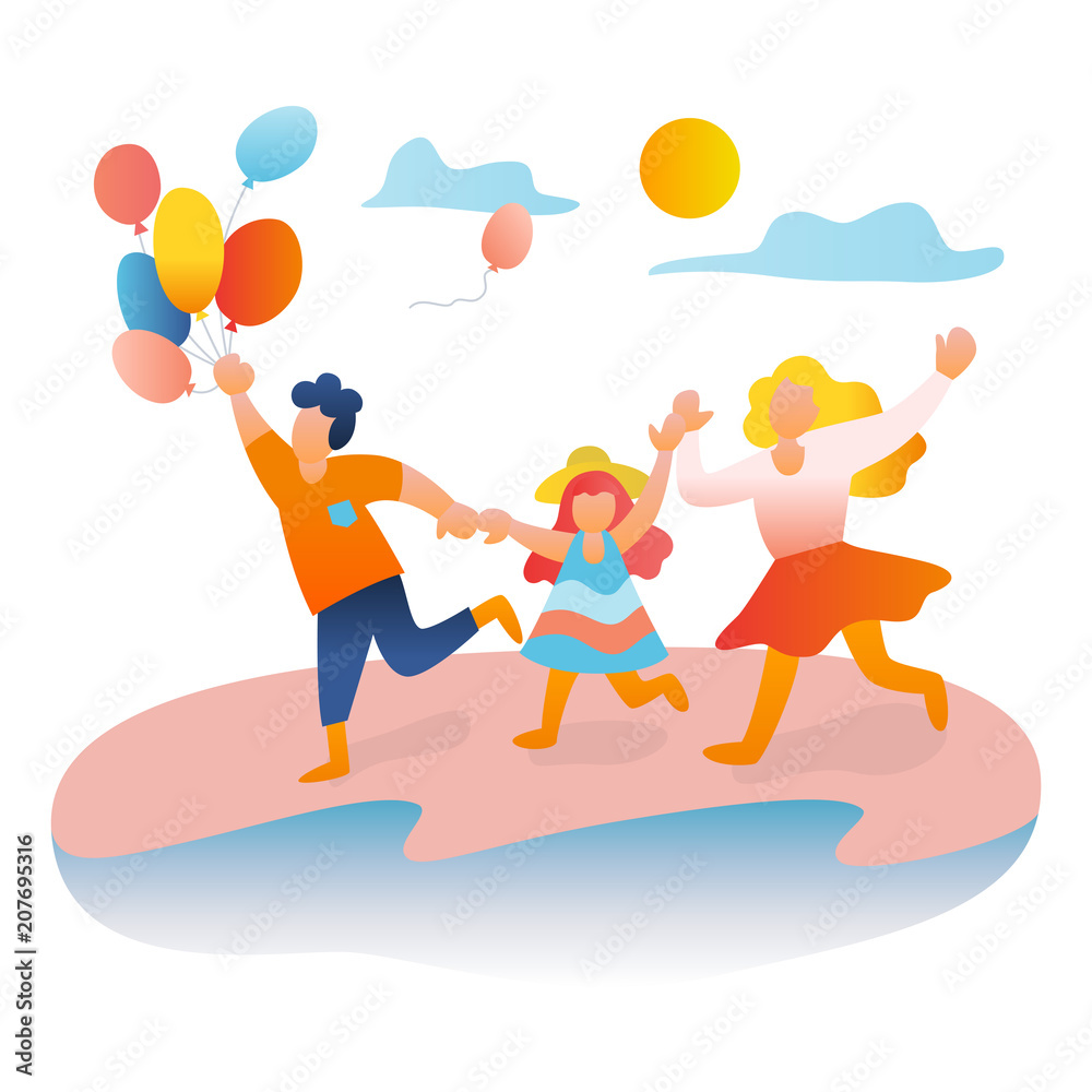 Family playing at beach, summer time illustration