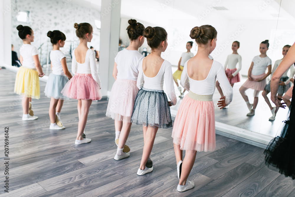 Obraz premium Group of beautiful little girls practicing ballet at dancing class.