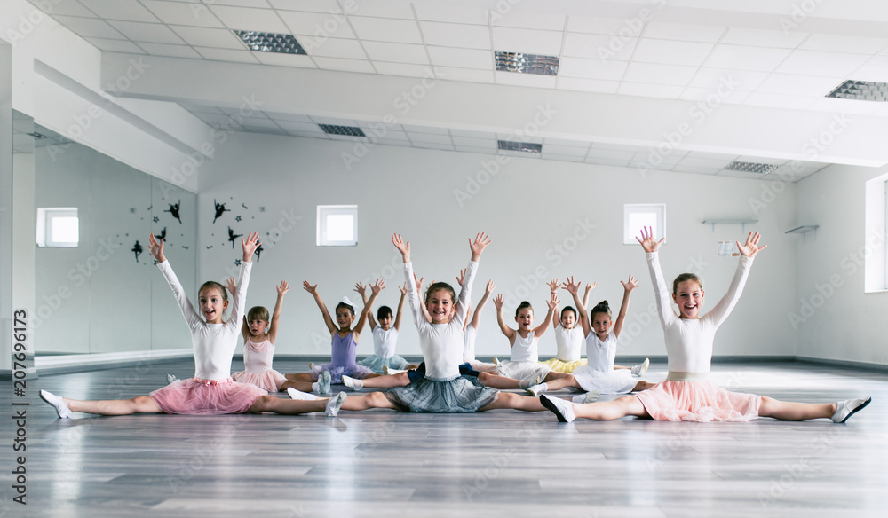 Obraz premium Choreographed dance by a group of beautiful young ballerinas practicing during class at a classical ballet school.