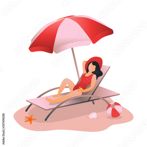 Woman sunbathing at beach, girl relaxing at summer season illustration