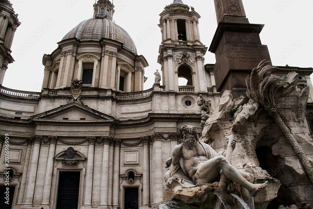The fountain in front of a church in Piazza Navona, Rome.