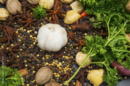 Various herbs and spices with garlic