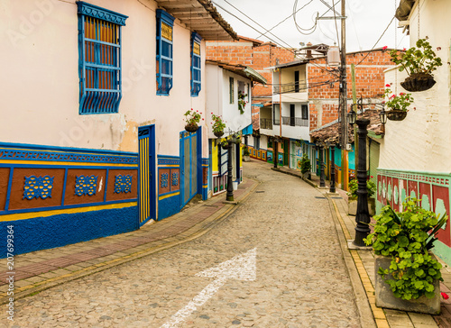 A view of a colourful street view in Guatape, Colombia.