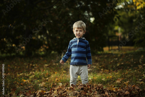 Little boy, playing in the rain in autumn park, leaves around him