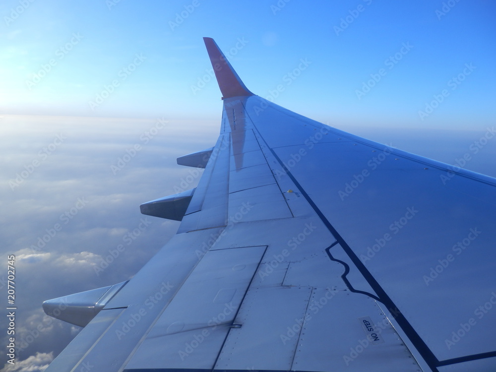 飛行機の翼と青空と雲
