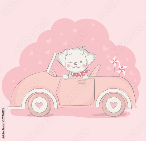 cute baby dog with car cartoon  for t-shirt, print, product, flyer ,patch, fabric, textile,tile,card, greeting  fashion,baby, kid, shower, powder,soap, hand drawn style. vector illustration
