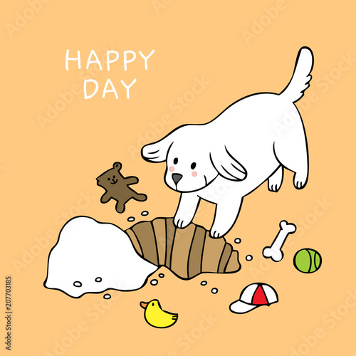 Cartoon cute happy white dog dig ground and toy vector.