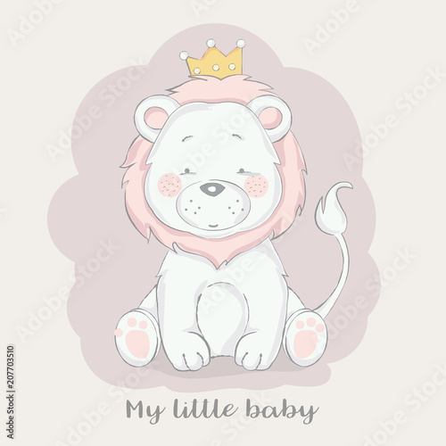 cute baby lion for t-shirt, print, product, flyer ,patch, fabric, textile,tile,card, greeting  fashion,baby, kid, shower, powder,soap, hand drawn style. vector illustration