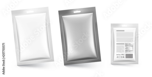 Mockup of blank sachets packaging for food, cosmetic and hygiene. Vector illustration on white background. Ready for your design. EPS 10.