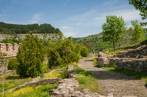 Alleyway in the park on Tsarevets hill, Veliko Tarnovo, Bulgaria. Photo was taken at sunny spring day. Ruins of ancient castle on the foreground. Ancient stonewall on the background.