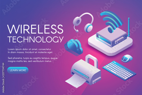Wireless technology vector illustration of digital devices on Wi-Fi, Bluetooth or NFC connection. Cloud communication in computer keyboard and mouse, smartphone or earphones on ultra violet background photo