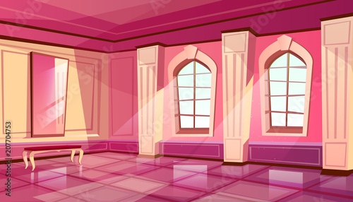 Vector cartoon castle palace ballroom interior in purple color, background with furniture - big windows, mirror with bench. Luxury medieval rich room in fairytale style.