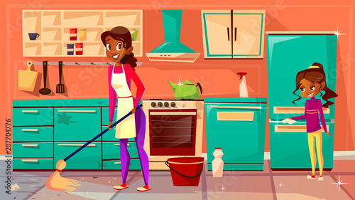 Housewife cleaning kitchen vector illustration of Afro American mother mopping floor and daughter helps clean refrigerator. Flat cartoon black family cleaning home furniture together