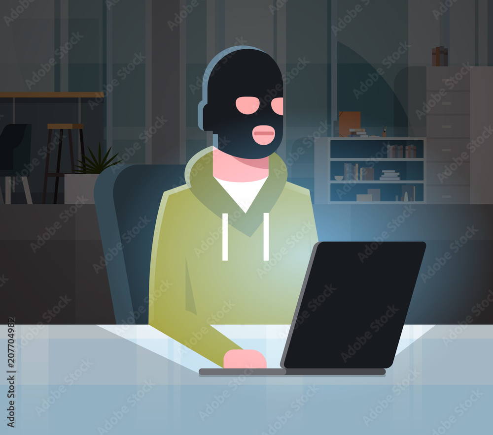 Man Black Mask Sitting At Computer Hacker Activity Concept Viruses Data Privacy Attack Internet Information Security Flat Vector illustration Man Black Mask Sitting At Computer Hacker Activity Concept Viruses Data Privacy Attack Internet Information Security Flat Vector illustration