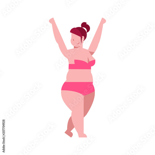 bikini thick woman hands up black swimsuit on white background body shape concept flat style vector illustration