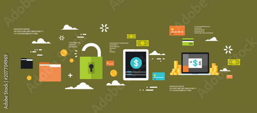 Safe Electronic Money Protection Concept Privacy Computer Internet Information Security Flat Banner Logo Green Background Vector Illustration