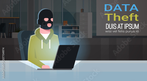 Man Black Mask Sitting At Computer Hacker Activity Concept Viruses Data Privacy Attack Internet Information Security Flat