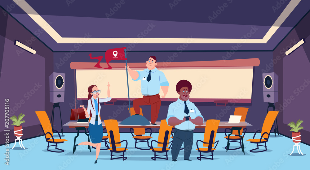 business presentation flag bubble concept businesspeople flight fantasies team brainstorming group of business people professionals meeting discussing report in office flat vector illustration