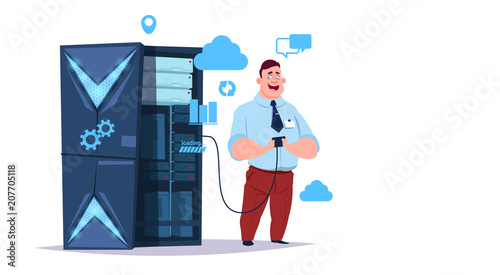 Data storage cloud center with hosting servers and staff. Computer technology, network and database, internet center, communication support, flat design vector illustration