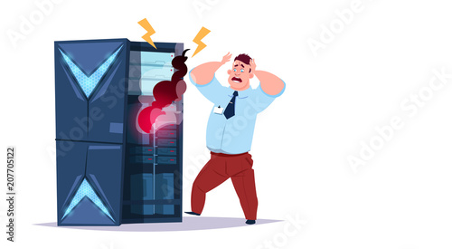 Data storage problem center with hosting servers and staff. error computer technology, network and database, internet center, communication support, flat design vector illustration