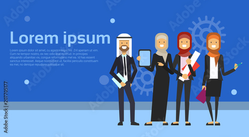 group of arabic business people in black suit working together sit at office desk muslim workers team banner with copy space flat vector illustration