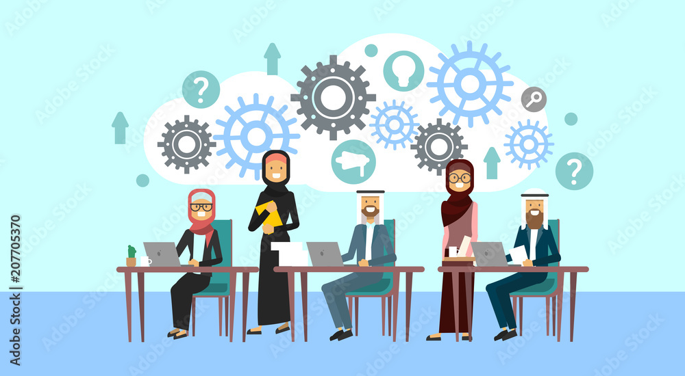 arab business people group meeting together sit at office desk , muslim businesspeople team training brainstorming technology process concept flat Vector Illustration