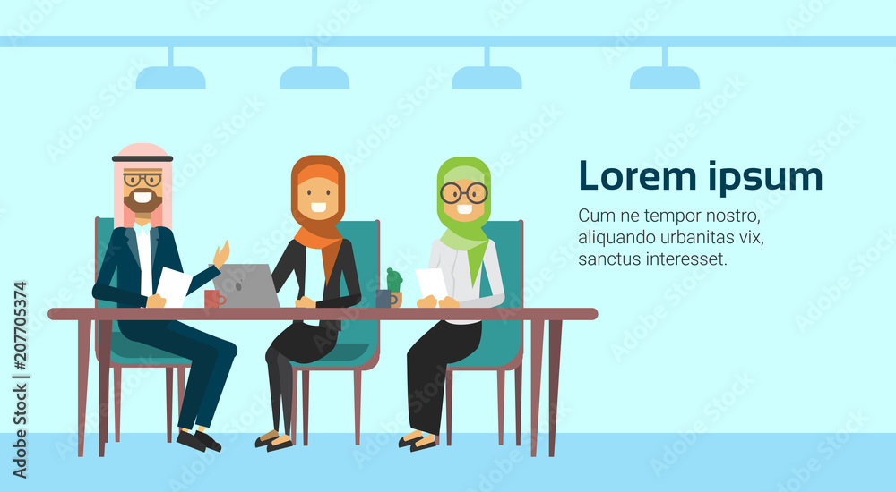 arab businesspeople talking working consultation muslim workers meeting or interview sitting at office desk banner with copy space flat vector illustration