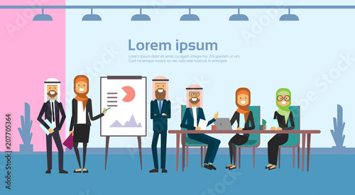 arab business people group presentation flip chart finance data, full length arabic businesspeople team training conference muslim meeting banner with copy space flat vector illustration