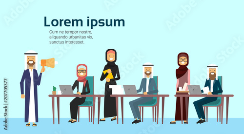 arab businessman boss hold megaphone make announcement colleagues muslim business people team group meeting banner with copy space flat vector illustration