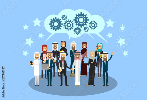 group of cheerful arabic business people reach a joint decision happy hold raised hands muslim workers team process success concept flat vector illustration