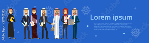arabic people group wearing traditional clothes full length arab business man handshake, muslim male female banner copy space flat vector illustration