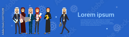 arabic people group wearing traditional clothes full length arab business man woman, muslim male female banner copy space flat vector illustration