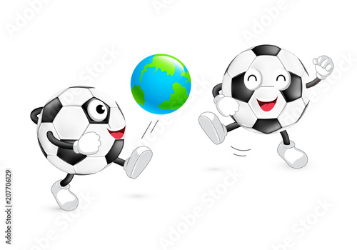 Fototapeta Naklejka Na Ścianę i Meble -  Cute cartoon soccer ball kick a globe ball. Mascot character, World cup concept. Illustration isolated on white background.