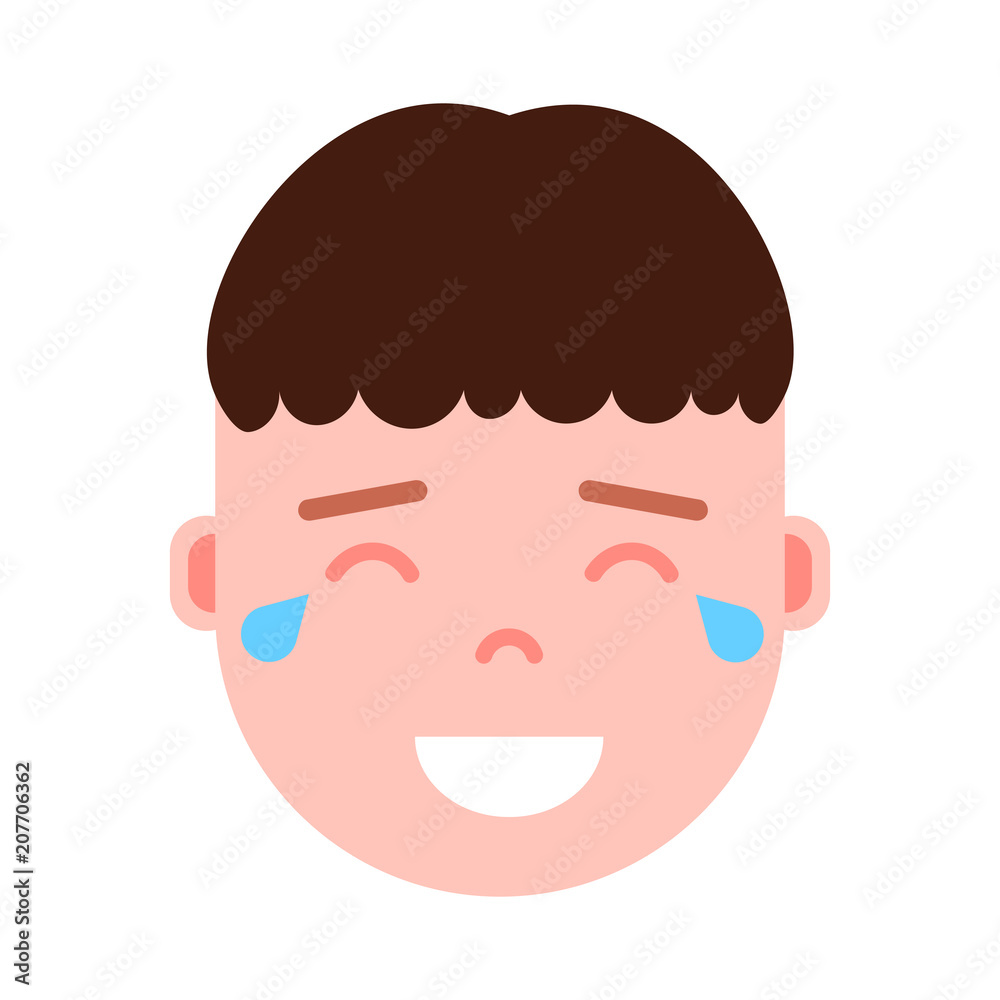 boy head emoji personage icon with facial emotions, avatar character, man happy crying face with different male emotions concept. flat design.