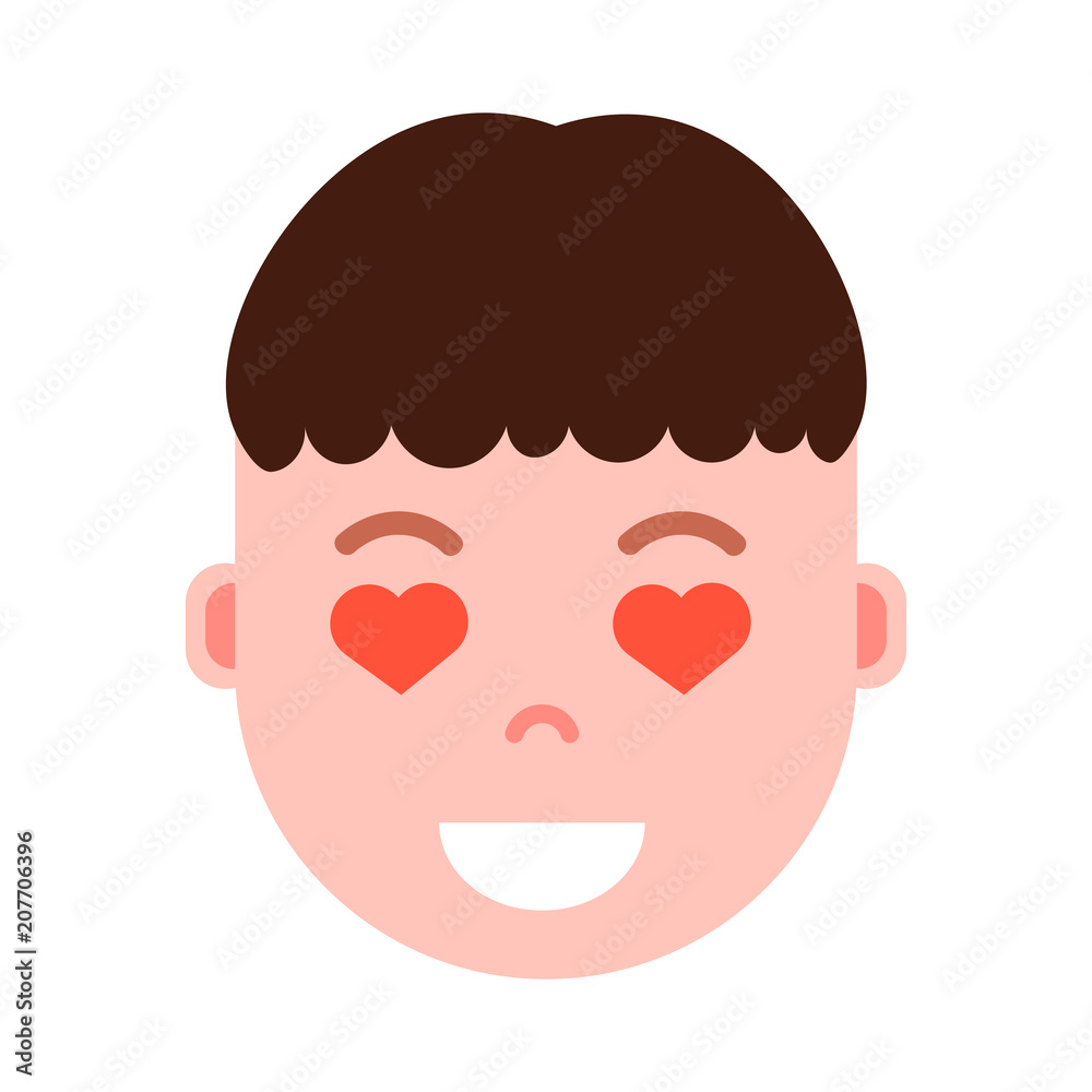 Obraz premium boy head emoji personage icon with facial emotions, avatar character, man heart in eyes face with different male emotions concept. flat design. vector illustration