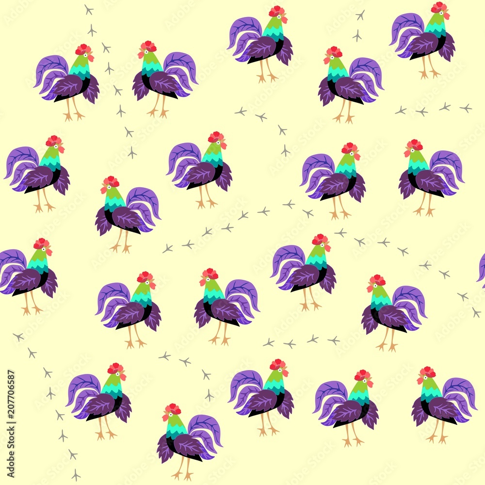 Fototapeta premium Seamless animal pattern with bird tracks and funny roosters with wings and tails in shape of leaves isolated on yellow background in vector. Print for fabric, paper, wallpaper, wrapping design.