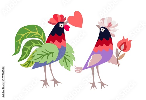 Смешные цыплята - романтичная пара петуха и курица с сердцем и цветок в вектор. Красивое приветствие или пригласительный билет.