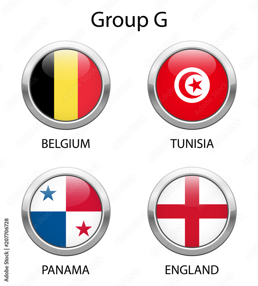 Football 2018 in Russia. Group G. Shiny metallic icons buttons with national flags isolated on white background. Football 2018 in Russia. Group G. Shiny metallic icons buttons with national flags isolated on white background.