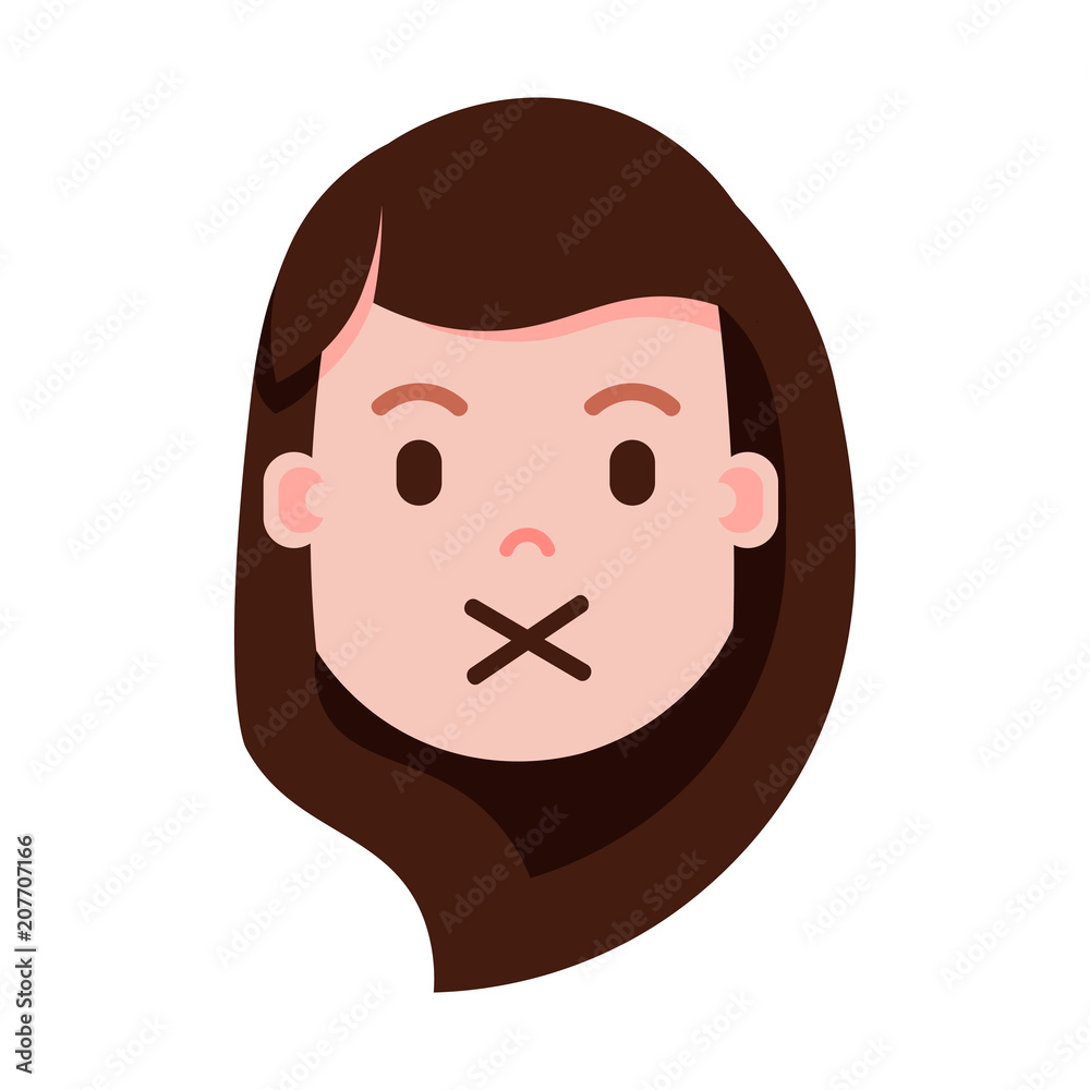 girl head with facial emotions, avatar character, woman silence face with different female emotions concept. flat design. vector illustration