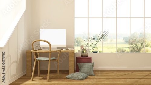 The interior minimal japanese hotel relax space 3d rendering and nature view background