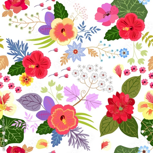 Fototapeta Naklejka Na Ścianę i Meble -  Beautiful exotic plants isolated on white background. Seamless ditsy natural pattern with hibiscus, clematis, nasturtium, rose and poppy flowers.