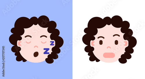set girl head emoji personage icon with facial emotions, avatar character, girl sllep and suprised face with different female emotions concept. flat design. vector illustration