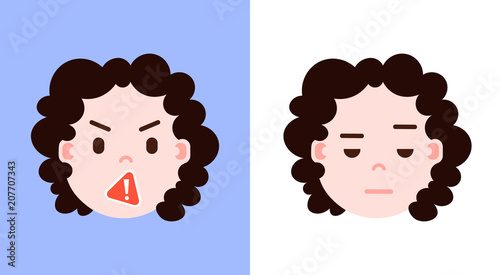 set girl head emoji personage icon with facial emotions, avatar character, girl censorship and sorrowful face with different female emotions concept. flat design. vector illustration