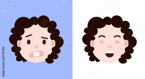 set girl head emoji personage icon with facial emotions, avatar character, shut up and grieved face with different female emotions concept. flat design. vector illustration