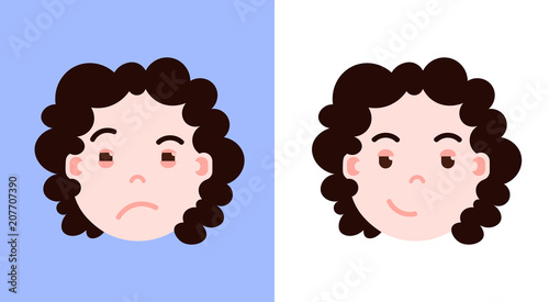 girl head emoji personage icon with facial emotions, avatar character, woman cunning face with different female emotions concept. flat design. vector illustration