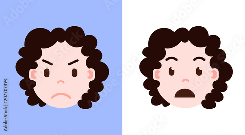 set girl head emoji personage icon with facial emotions, avatar character, sorrowful and surprised face with different female emotions concept. flat design. vector illustration