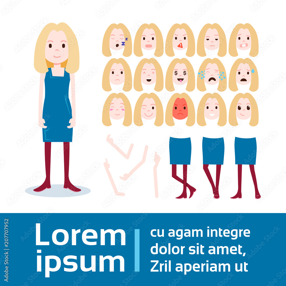 girl character constructor set of various female emotion faces, hands, legs body parts template for design work and animation full length flat person design vector illustration girl character constructor set of various female emotion faces, hands, legs body parts template for design work and animation full length flat person design vector illustration