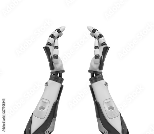 3d rendering of two robotic hands forming an incomplete protective circle.