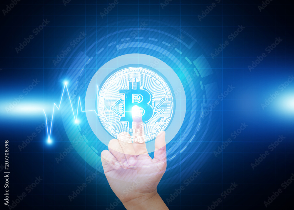 Bitcoin on abstract blue technology background 
