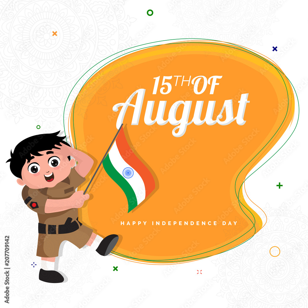 15th of August, Indian Independence Day concept with cute boy saluting and  holding Indian flag on yellow and white background. Stock Vector | Adobe  Stock